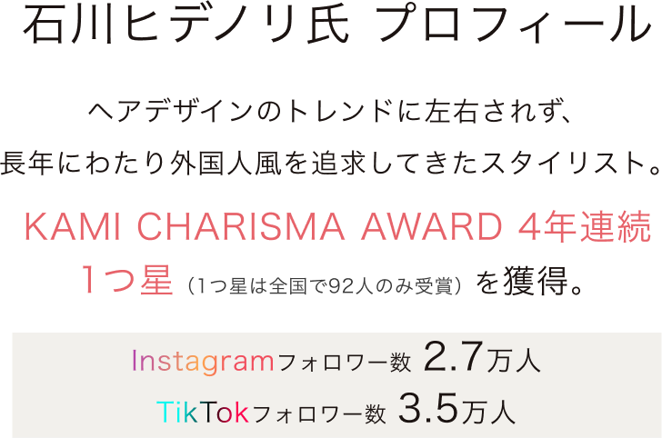 ヘアデザインのトレンドに左右されず、 長年にわたり外国人風を追求してきたスタイリスト。 KAMI CHARISMA AWARD 4年連続 1つ星（1つ星は全国で92人のみ受賞）を獲得。